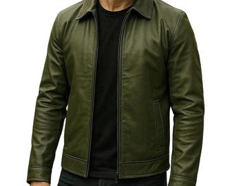 Men's Handmade Green Genuine Sheepskin Leather Cafe Racer Jacket - Lightweight Biker Style Outerwear Coat