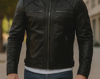 Handmade Cafe Racer Leather Jacket: Men's Retro Biker Motorcycle Jacket