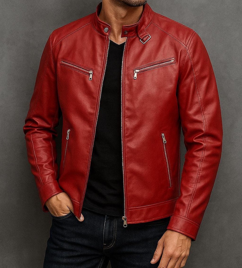 Men's Handmade Red Genuine Leather Biker Jacket - Classic Motorcycle ...