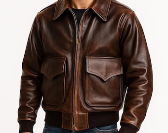 Men's Handmade Genuine Leather Bomber Jacket Aviator Coat Flight Retro Style Outerwear Coat