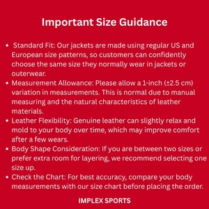 May include: Red background with white text providing size guidance for jackets. Includes information on standard fit, measurement allowance (1 inch or 2.5 cm), leather flexibility, body shape considerations, and a recommendation to check the size chart.