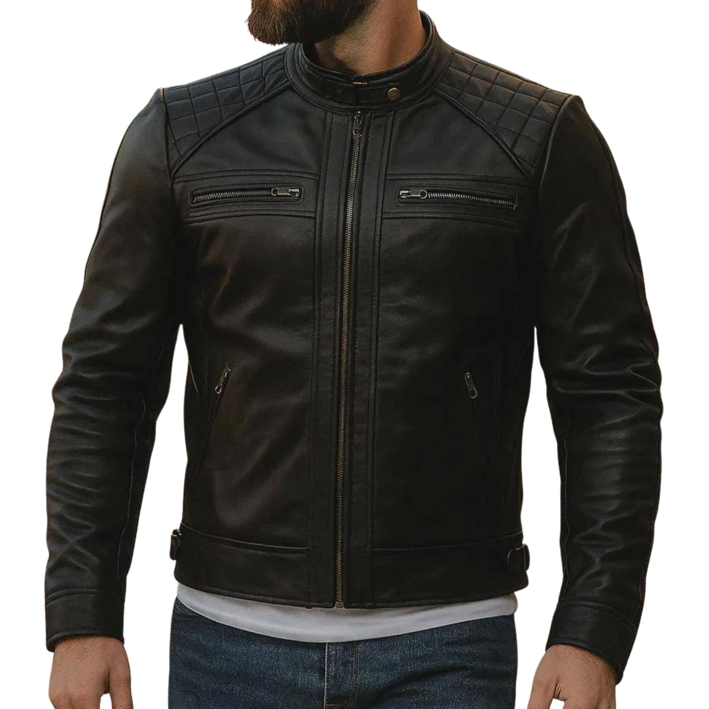 Men's Handmade Cafe Racer Leather Jacket - Retro Biker Motorcycle Casual Outerwear Coat