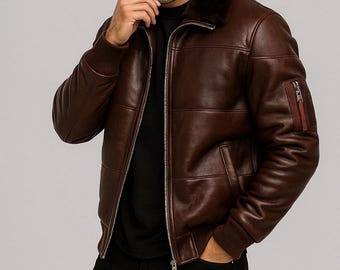 Men’s Handmade Genuine Leather Jacket Classic Zipper Moto Bomber with Fur Collar Outerwear Coat
