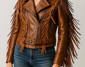 Kurtka damska z prawdziwej skóry z frędzlami | Płaszcz wierzchni w stylu western cowgirl rodeo z paskiem