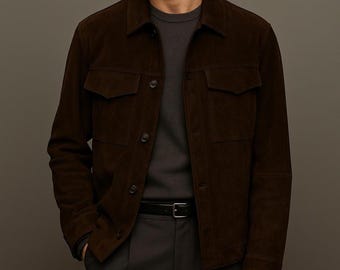 May include: A dark brown suede jacket with two chest pockets and button closures. The jacket has a collared neckline and long sleeves. The model is wearing a gray shirt and dark pants with a black belt.