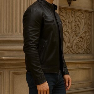 side view of leather jacket with black color and original leather
