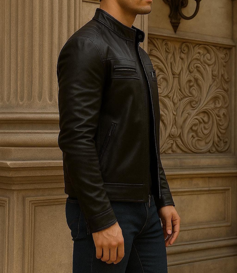 side view of leather jacket with black color and original leather