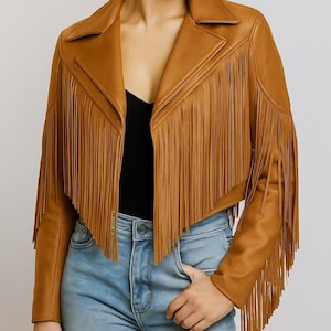 Women’s brown sheepskin leather fringe jacket with Western rodeo design and zip closure