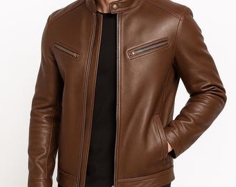 Men's Handmade Brown Cafe Racer Genuine Leather Jacket - Retro Biker Style Casual Outerwear