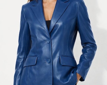 Women’s Genuine Sheepskin Leather Blazer Jacket Classic Tailored Button Front Outerwear Coat