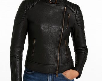 Women’s Handmade Genuine Sheepskin Leather Biker Jacket – Slim Fit Motorcycle Outerwear Coat