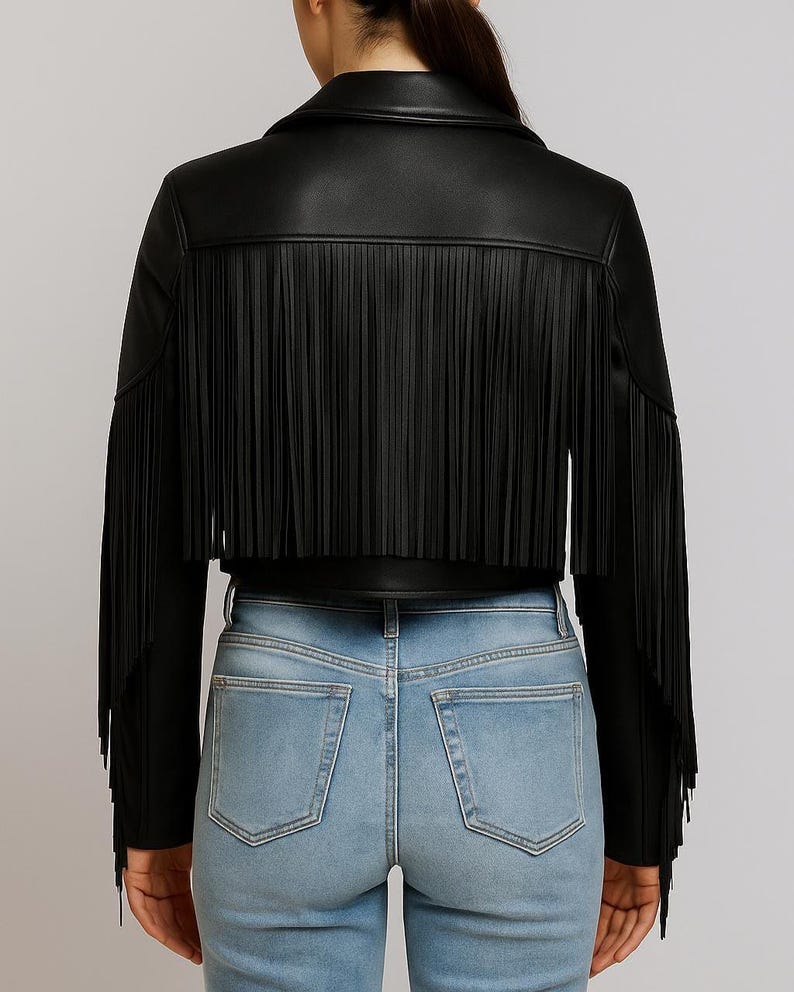 Women’s brown sheepskin leather fringe jacket with Western rodeo design and zip closure
