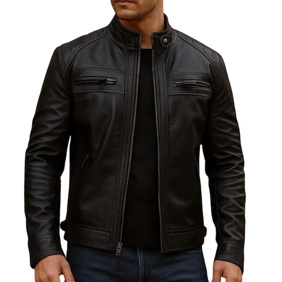 Men's Handmade Cafe Racer Genuine Leather Jacket - Retro Biker Style Casual Outerwear Coat