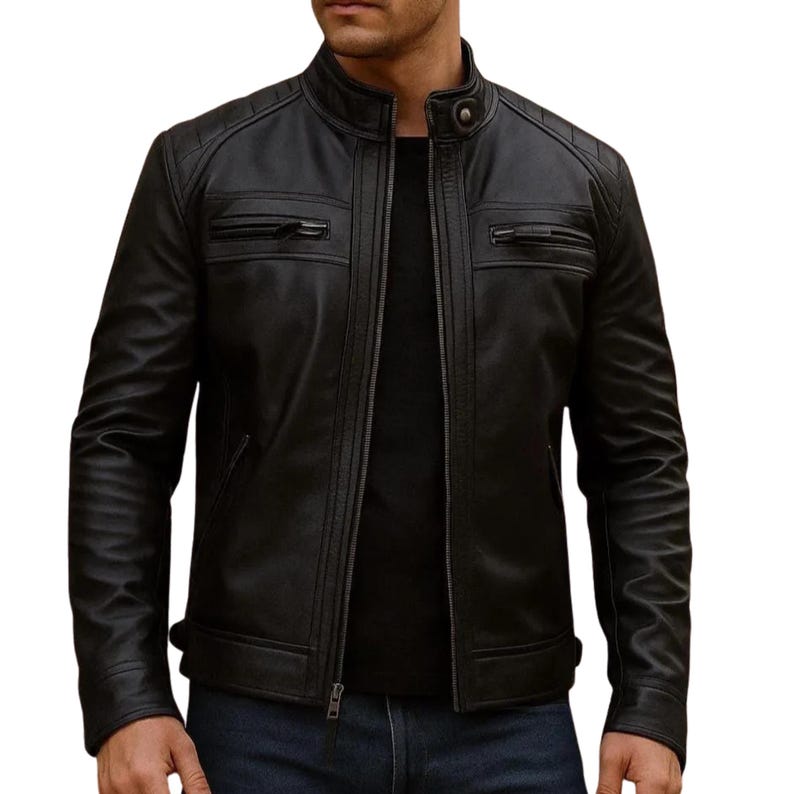 mens black leather jacket in cafe racer biker design with quilted shoulders and front zip closure against white background