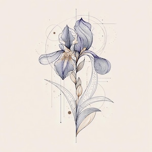 May include: An illustration of an iris flower with detailed line art. The flower is depicted in blue, brown, and gold hues, with geometric elements. The artwork is set against a cream background, creating a delicate and elegant aesthetic. A botanical theme.