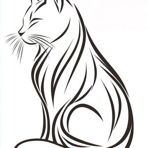 May include: A black and white line drawing of a sitting cat. The cat is depicted in profile, with its eyes closed and whiskers visible. The body is stylized with curved lines.