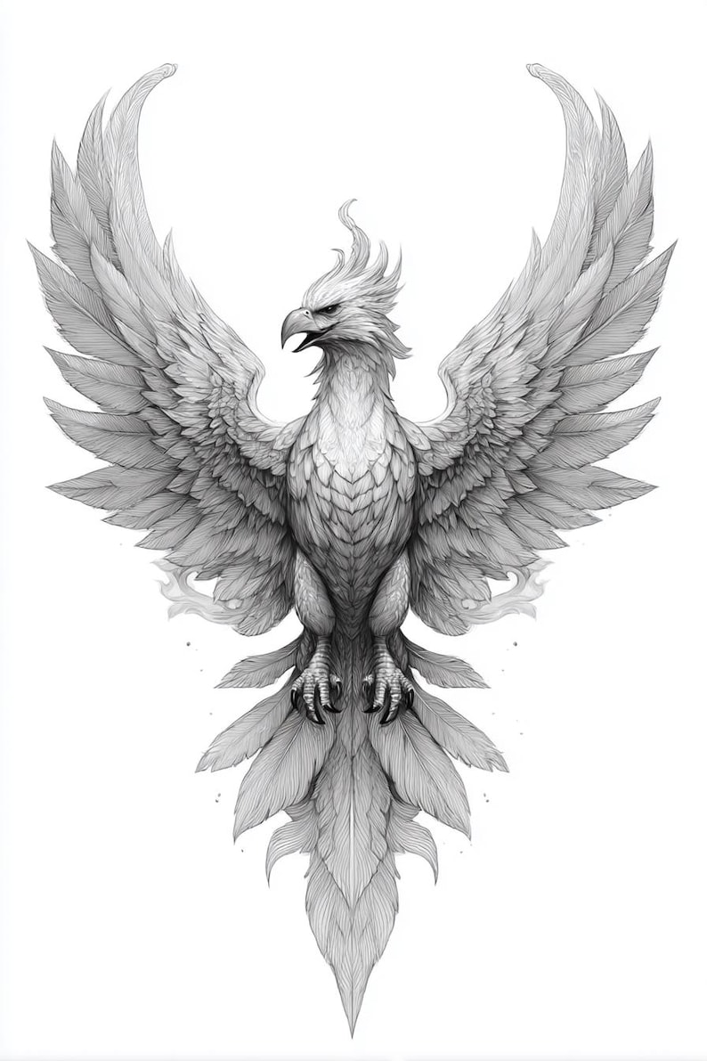 Phoenix Rising Tattoo Style Line Art Black/white Line Art Bundle 2 20 ...
