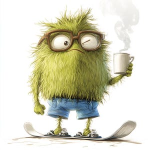 May include: A green, furry monster with brown glasses and a sly grin, wearing blue shorts and holding a white coffee mug. The monster is standing on a white snowboard.