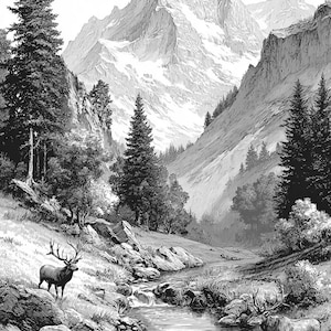 May include: Black and white illustration of a mountain landscape with a river and elk. The detailed artwork depicts a valley with a flowing stream, trees, and a snow-capped mountain in the background. Two elk stand near the water.