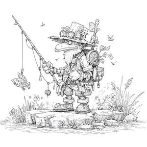 May include: Detailed black and white illustration of a cartoon character fishing. The character, wearing a hat and backpack, stands on a rock near water, holding a fishing rod with a fish on the line. The scene includes plants and flying birds.