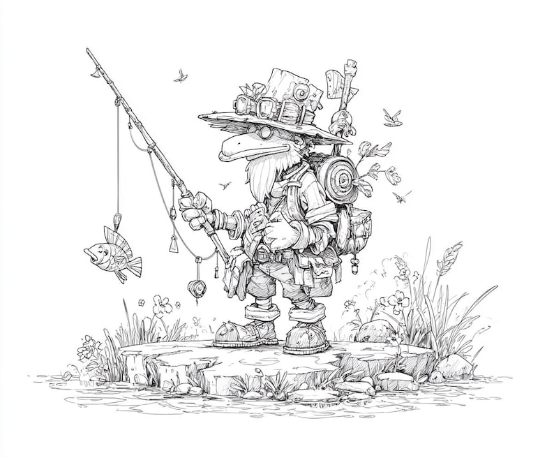 May include: Detailed black and white illustration of a cartoon character fishing. The character, wearing a hat and backpack, stands on a rock near water, holding a fishing rod with a fish on the line. The scene includes plants and flying birds.