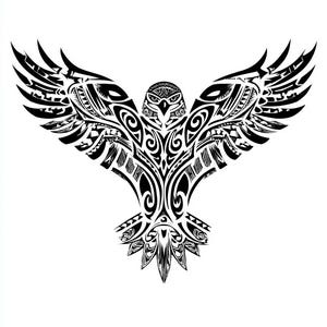 Może przedstawiać: Czarno-biała ilustracja stylizowanej sowy z rozpostartymi skrzydłami. Sowa przedstawiona jest ze skomplikowanymi wzorami i wzorami plemiennymi, tworzącymi odważny i uderzający efekt wizualny.