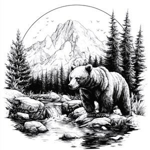 May include: A black and white illustration of a bear standing on a rock by a stream. The bear is looking to the left. There are mountains and trees in the background.