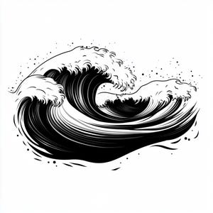 Może przedstawiać: Czarno-biała ilustracja dużej fali oceanicznej. Fala jest przedstawiona ze szczegółowymi liniami i cieniowaniem, tworząc poczucie ruchu i głębi. Małe kropki są rozrzucone wokół fali.