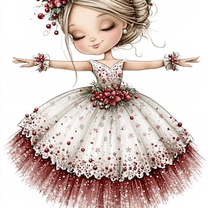 May include: A digital illustration of a ballerina with closed eyes, wearing a white and deep red layered tutu dress adorned with red berries and poinsettia flowers. The figure features a matching floral headpiece and wrist cuffs, with ballet slippers.