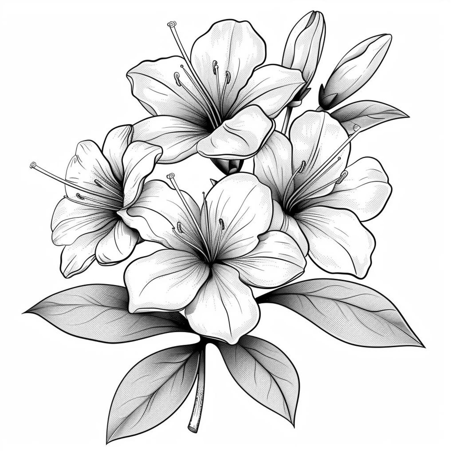 Azaleas Blooms Line Art Pen & Ink Monochrome Transparent Background ...