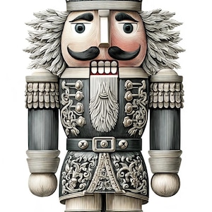 May include: A decorative nutcracker figurine featuring a dark charcoal and silver color palette. The figure wears a tall, ornate hat, a uniform with intricate silver filigree detailing, a black mustache, and a white beard, standing on a base.
