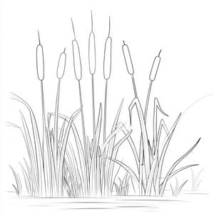 May include: Line drawing of cattails and reeds in a marshy environment. The cattails have elongated, cylindrical heads atop tall, slender stalks. The reeds are depicted with long, thin, arching leaves, creating a natural, serene scene.