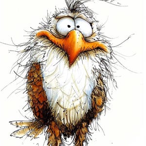 Op de afbeelding: Een cartoonillustratie van een vogel met een wit en bruin lichaam, een lange oranje snavel en grote, ronde ogen. De vogel staat op zijn twee poten met zijn vleugels ingeklapt. De vogel is getekend in een grillige stijl met veel details.