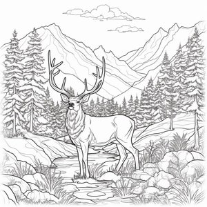 Könnte beinhalten: Eine Schwarzweiß-Zeichnung eines Hirsches, der in einem Gebirgsbach steht. Der Hirsch hat ein großes Geweih und schaut nach rechts. Der Bach ist von Bäumen und Bergen umgeben.