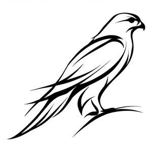 Puede incluir: Una ilustración gráfica en blanco y negro de un halcón posado sobre una rama. El diseño presenta líneas audaces y fluidas que definen la silueta, las alas y las plumas de la cola del ave, creando una representación visual nítida.
