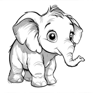 May include: A black and white line drawing of a cute baby elephant with big eyes and a trunk curled up. The elephant is standing on all fours and has a happy expression.