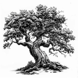 Puede incluir: Una ilustración en blanco y negro de un árbol grande y nudoso con ramas gruesas y un tronco retorcido. El árbol está dibujado en un estilo realista, con sombreado y textura detallados.