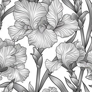Puede incluir: Una ilustración en blanco y negro de flores de iris con pétalos y tallos detallados. Las flores están dispuestas en un patrón repetitivo, creando un diseño sin costuras.