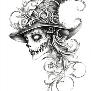 May include: Detailed black and white illustration of a witch with a skull face, wearing a tall hat adorned with ornate swirls and floral designs. The witch's hair flows with similar decorative elements.