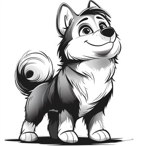 May include: Black and white cartoon illustration of a husky dog with a curled tail, looking up with a happy expression.
