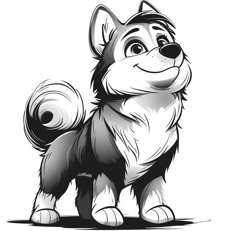 May include: Black and white cartoon illustration of a husky dog with a curled tail, looking up with a happy expression.