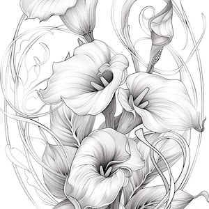 May include: A black and white line drawing of a bouquet of calla lilies with intricate details. The flowers are arranged in a circular pattern with leaves and stems.