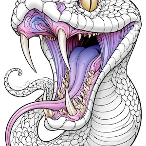 Puede incluir: Una ilustración detallada de una serpiente blanca con la boca abierta, mostrando colmillos afilados, una lengua morada y un interior texturizado. La serpiente tiene ojos de color amarillo dorado y patrones de escamas en la cabeza y cuerpo.