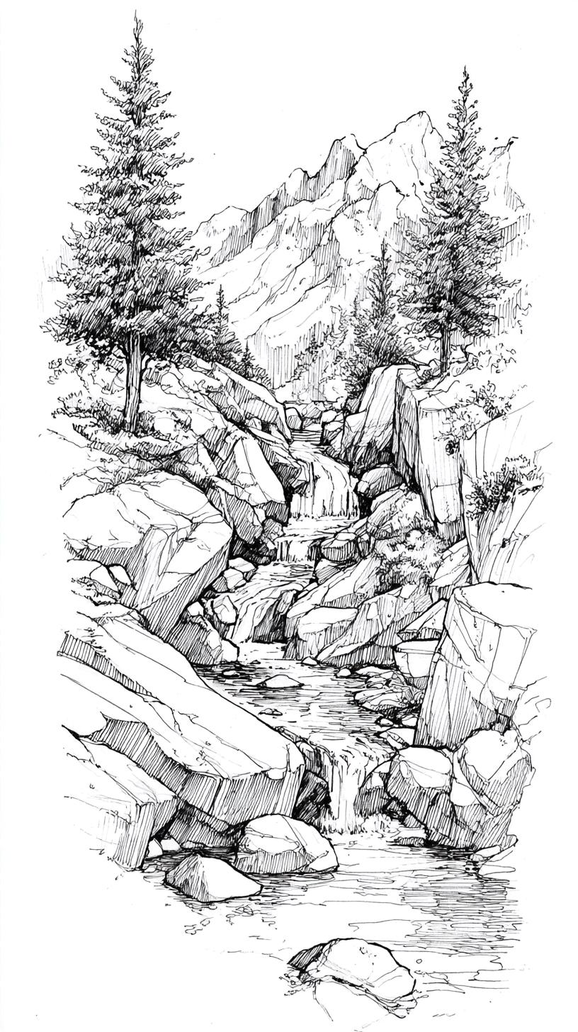 Stream Mountain Line Art Black and White Bundle 1 24 Digital Ai