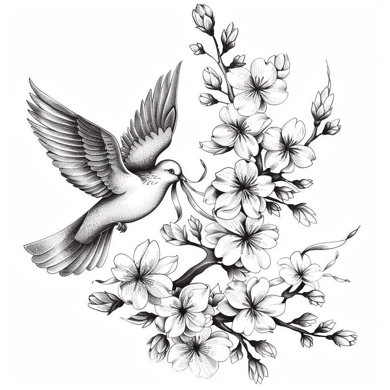 Cherry Blossoms and Doves Black/white Line Art Bundle 4 36 Digital Ai ...