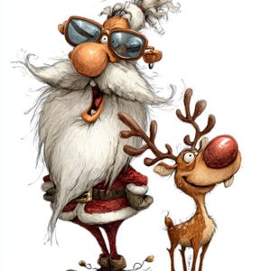 Santa With Rudolf Santa and Rudolf Crazy Cartoon Line Art Color Bundle 2 24 Digital Ai ...