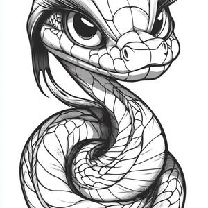 May include: A black and white line drawing of a cartoon snake with large eyes and eyelashes. The snake is curled up in a coil.