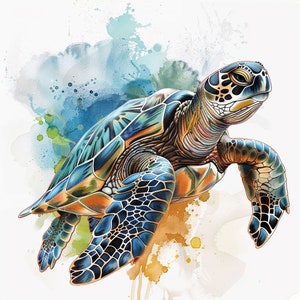 May include: A sea turtle illustration featuring intricate blue, orange, and black patterns on its shell and skin. The turtle is depicted in a swimming motion against a backdrop of abstract watercolour splashes in shades of blue, green, and yellow.
