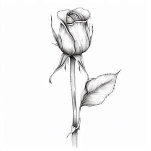 以下が含まれることがあります： 茎に葉のついたバラのつぼみを、白黒の鉛筆で描いたものです。