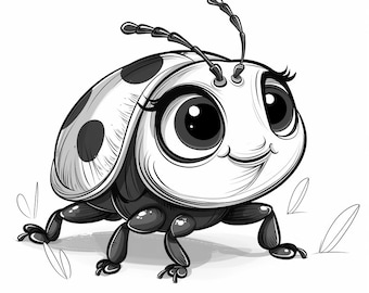 Ladybug Cartoon Black and White  Bundle 1   72  Digital Ai Line Art PNG-SVG (Digital Download)